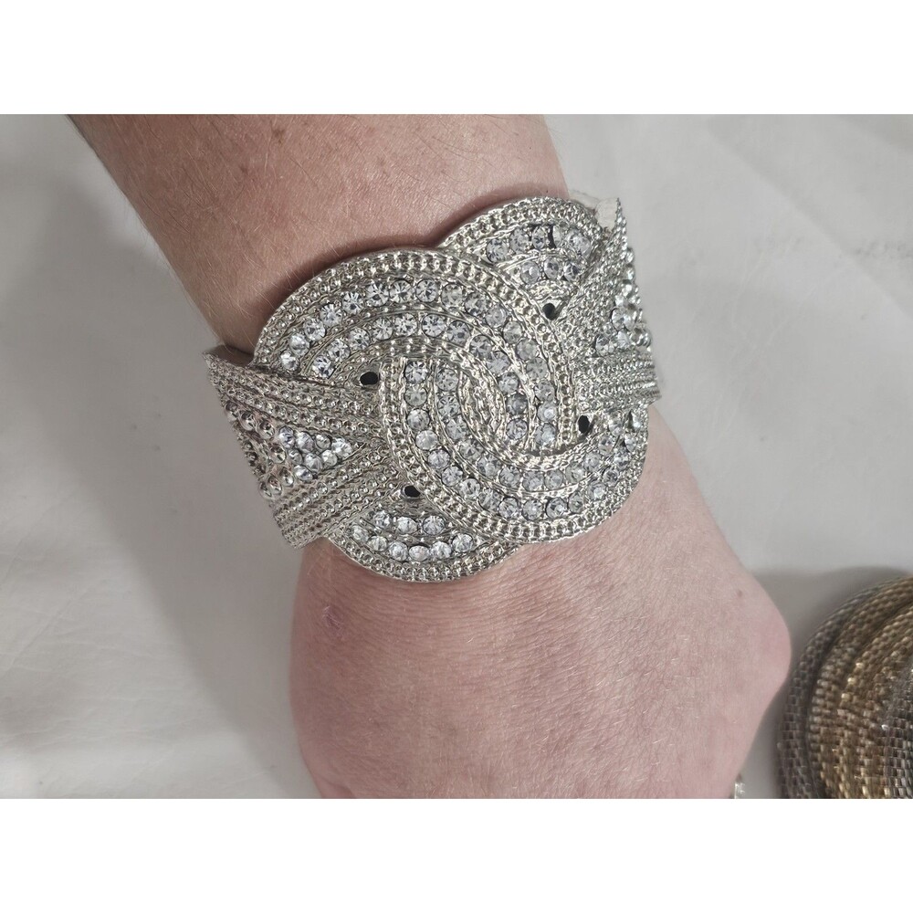 Silver & Gold Tone Mesh Stackable Bangle Bracelets + Pavé Crystal Cuff Set - Picture 6 of 8